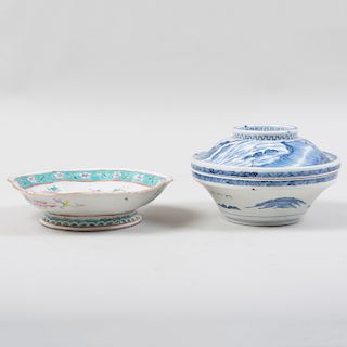 Chinese Famille Rose Porcelain Shaped Dish and a Blue and White Bowl and Cover