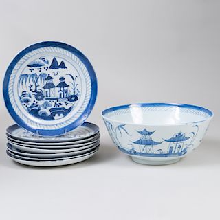 Set of Eight Canton Blue and White Porcelain Plates and a Punch Bowl
