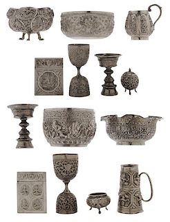 Fourteen Pieces Persian Silver