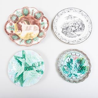 Staffordshire Rabbit, Three Majolica Plates and a Transfer Decorated Creamware Plate 