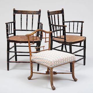 Pair of George III Style Black Painted Faux Bamboo Armchairs 