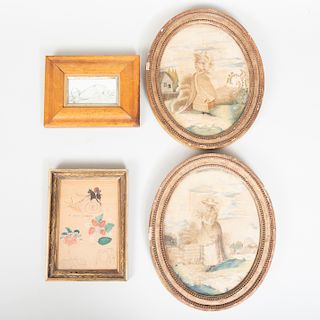 Pair of George III Style Needlework Pictures and Two Small Artworks