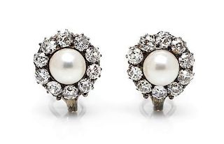 A Pair of Silver Topped Gold, Diamond and Cultured Pearl Earclips, 5.20 dwts.