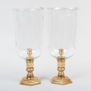 Pair of Louis XIV Style Brass and Etched Glass Photophores