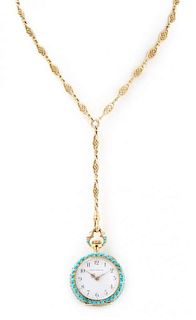 An 18 Karat Yellow Gold, Turquoise and Diamond Open Face Pendant Watch, Tiffany & Co., Circa 1902, 22.60 dwts.