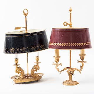 Two Gilt-Bronze Two-Light Library Lamps with Tôle Shades