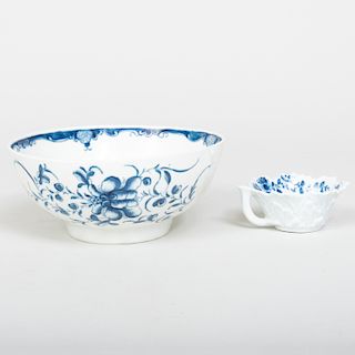 Worcester Blue and White Peony Moulded Butter Boat and a Worcester 'Mansfield' Pattern Bowl