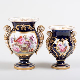 Two English Porcelain Blue Ground Vases in Two Sizes