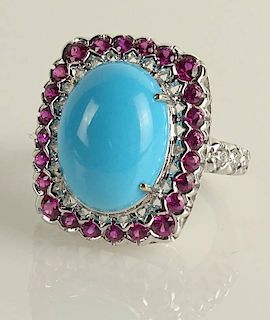 Lady's Persian Turquoise, approx. 1.30 Carat Ruby, .30 Carat Diamond and 18 Karat White Gold Ring
