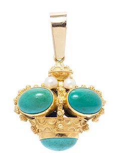 A Yellow Gold, Turquoise and Cultured Pearl Pendant, 11.90 dwts. 12.0 dwts.