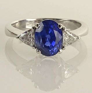Beautiful Quality Lady's Approx. 3.12 Carat Oval Cut Sapphire, .52 Carat Trilliant Cut Diamond and 18 Karat White Gold Ring