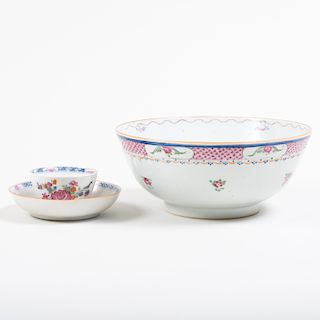 Chinese Export Porcelain Famille Rose Punch Bowl and a Teabowl and Saucer