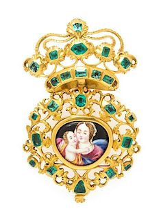 An Antique Yellow Gold, Emerald and Polychrome Enamel Madonna and Child Pendant, 10.40 dwts.