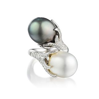 A Cultured Pearl and Diamond Bypass Ring