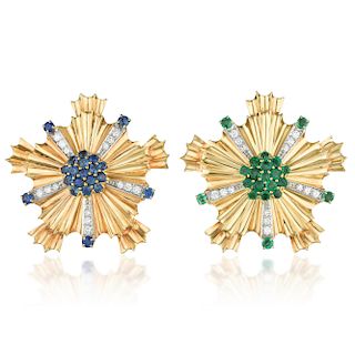 Tiffany & Co. Retro Starburst Sapphire Emerald and Diamond Brooches