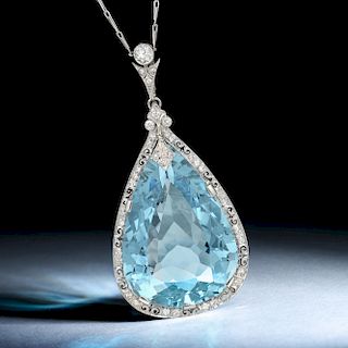 Antique Large Aquamarine and Diamond Pendant Necklace