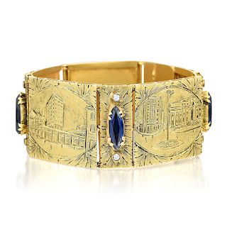 A Synthetic Sapphire and Diamond Gold Plaque Bracelet