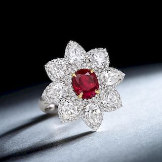 A 2.07-Carat Unheated Burmese Ruby and Diamond Flower Ring, Italian
