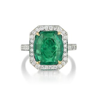 A Cushion-Shaped Emerald and Diamond Ring