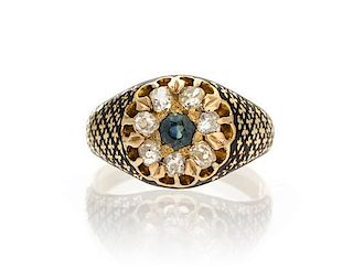 A Georgian Yellow Gold, Diamond, Sapphire and Enamel Ring, 2.30 dwts.
