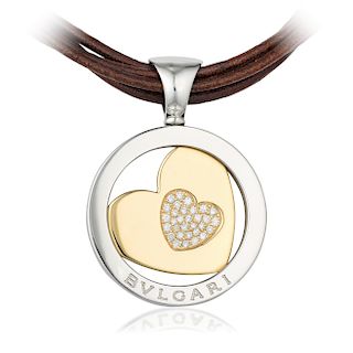 Bulgari Tondo Heart Diamond Pendant on Leather Cord
