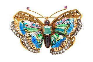 * A Gold, Diamond, Multi Gem and Polychrome Enamel En Tremblant Butterfly Brooch, 26.10 dwts.