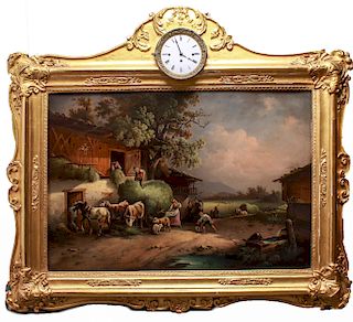 Dutch School Oil Painting in Frame with Clock