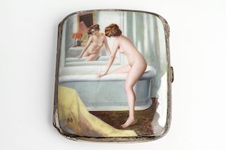 Silver & Enamel Erotic Nude Woman Cigarette Case