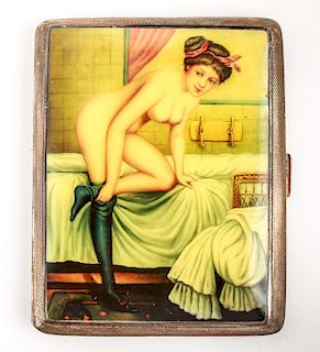 Silver & Enamel Erotic Nude Woman Cigarette Case