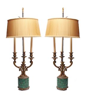 French Empire Style Bronze & Malachite Lamps, Pair