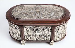 Portuguese Silver Panels & Wood Oval Box w Key