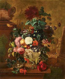Justus van Huysum the Elder, (Dutch, 1659-1716), Still Life with Roses, Geraniums, and Morning Glories in a Classical Vase