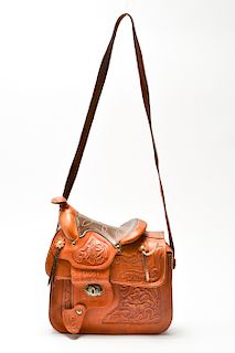 Vintage Leather Saddle-Form Bag w Horse Motif