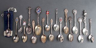 Silver & Enamel Souvenir Spoons Group of 18