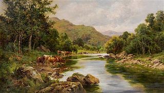 * Henry Hillier Parker, (British, 1858-1930), Mountain Stream with Cattle and Two Figures Fishing