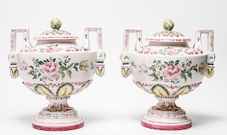 French Porcelain Covered Urns Floral & Foliate Pr