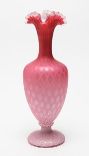 Pink Satin Cased Glass Ruffled Art Glass Vase