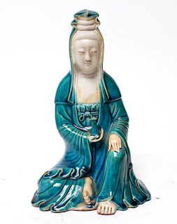 Chinese Guanyin Turquoise Glaze Porcelain Figure