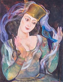 Lado (Vladimir Davidovich) Gudiashvili, (Georgian, 1896-1980), Lady with a Bluebird, 1960