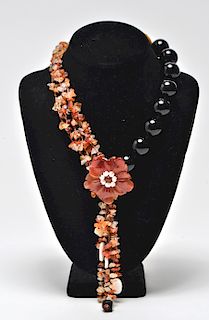 Carnelian Floral Motif & Black Onyx Beads Necklace