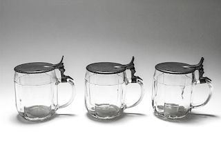German Glass Half-Liter Mugs w Pewter Lids, 3 Pcs.