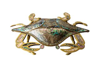 Mexican Modernist Inlaid Abalone Shell Brass Covered Crab Tray