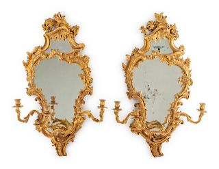 A Pair of Rococo Style Giltwood  Girandole Mirrors