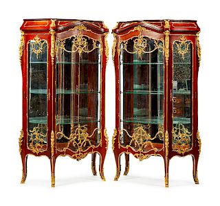 A Pair of Louis XV Style Gilt-Bronze-Mounted Kingwood and Tulipwood Vitrines