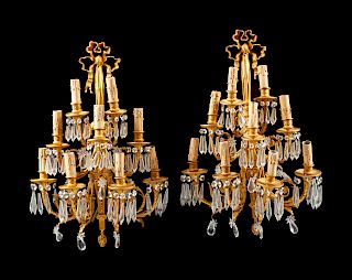 A Pair of Louis XV Style Gilt-Bronze and Glass Seven-Light Sconces