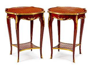A Pair of Louis XV Style Gilt-Bronze-Mounted Parquetry Gueridons