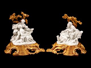 A Pair of Louis XV Style Gilt-Bronze and Bisque Porcelain Figural Groups