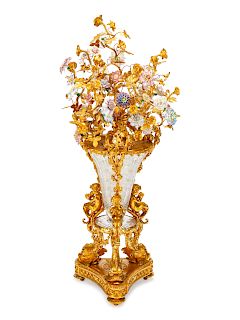 A Louis XVI Style Gilt-Bronze, Cut-Glass and Porcelain Centerpiece