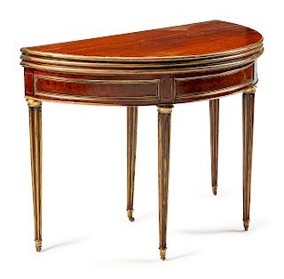 A Louis XVI Style Brass-Mounted Mahogany Triple-Top Demilune Games Table