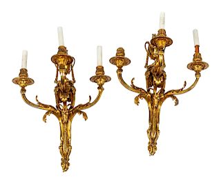 A Pair of Louis XVI Style Gilt-Bronze Three-Light Sconces